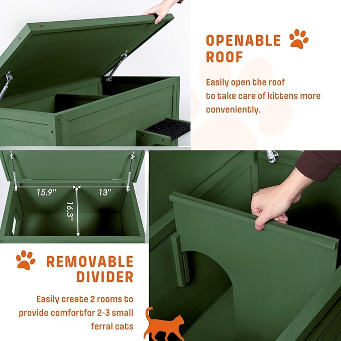 BRIOPAWS Outdoor-Cat-House-Insulated | Feral-Cat-Shelter for Winter | Weatherproof | Large Wooden Pet House for Multiple Cats | Foldable Ladder | Acrylic Side Window | Green