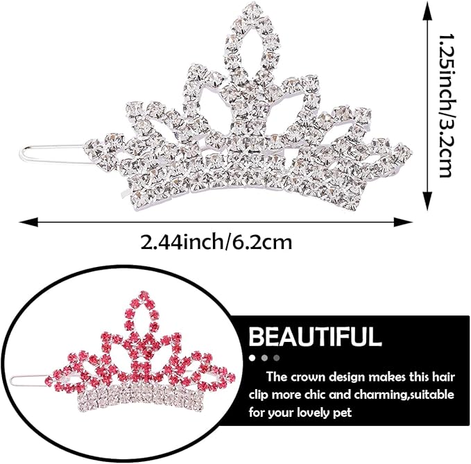 PET SHOW Dog Tiara Crown Hair Clips Bows for Small Dogs Costume Crystal Rhinestone Girls Puppies Barrette Grooming Hair Accessories (2pcs Silver + Pink Crown)
