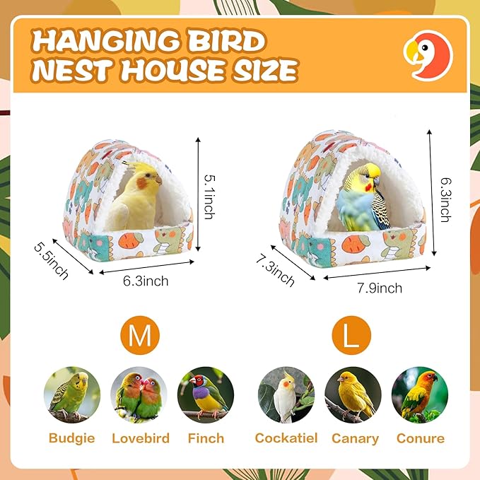 SUSOO Plush Warm Bird Bed - Hanging Bird Nest Snuggle Velvet Shed Tent Cage Fluffy Hut Winter Sleeping Hideaway Hammock House for Parrot Parakeet Conure Cockatiel Budgies Lovebird (White, M)