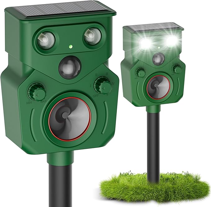 2 Packs Ultrasonic Animal Repeller Solar Powered, Cat Repellent Outdoor with Motion Sensor, Waterproof Deer Repellent Devices with LED Flash Light, Effective Repel Invasive Animals to Protect Yard