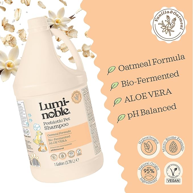 Prebiotic Hypoallergenic Sensitive Dog Shampoo – Oatmeal & Vanilla Scent Formula, Sensitive Skin | Vegan, Paraben-Free, Moisturizing & Deodorizing, Pet Shampoo | Safe for Dogs & Cats – 1 Gallon
