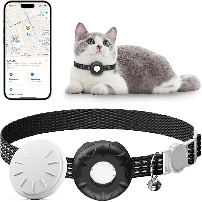 Cat Tracker, Cat Tracker Collar with Safety Elastic Buckle, Works with Any Collar,Compatible with Apple Find My App (Only iOS), No Monthly Fee, Waterproof, Black