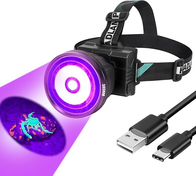 H1 Rechargeable UV Headlamp, Hands Free 385nm Blacklight Flashlight, for Pet Urine Detection, Scorpion Hunting, Resin Curing, Rockhounding