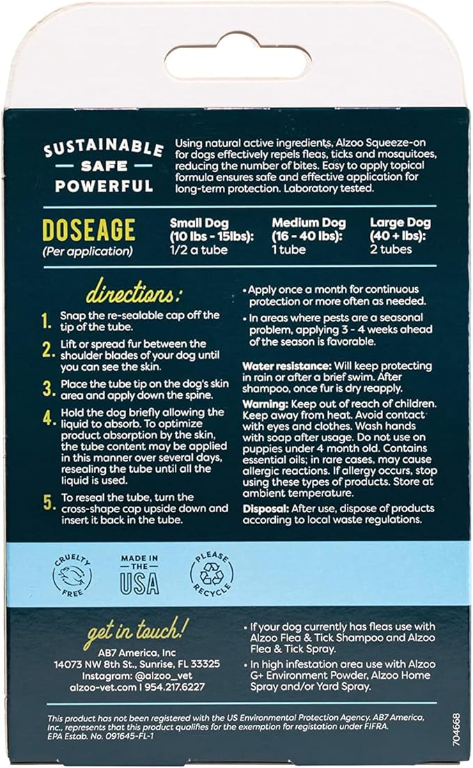 ALZOO Natural Flea & Tick Squeeze-On for Dogs, Helps Repel Fleas, Ticks & Mosquitos, Up to 3-Months Protection, Plant-Based Active Ingredients, Water-Resistant, 3 EZ-On Applicators Per Pack