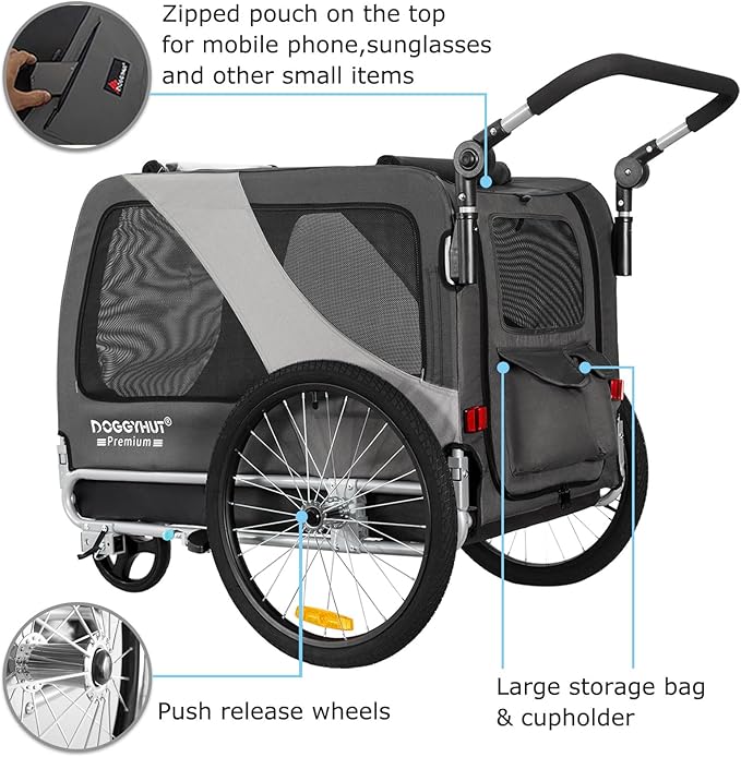 DOGGYHUT® Premium Large/XL Pet Bike Trailer & Stroller for Large Sized Dog or Multiple Small Dogs,Low Center of Gravity,Parking Brakes,Easy Folding Frame,Bicycle Carrier