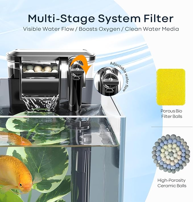 2.6 Gallon Small Aquarium Set Glass Fish Tank, Starter Kit with Heater Water Pump Cleaning System Filter Bright Light Rocks Gravel Cleaning Tool, Leak-Proof Clear Rimless Desktop Spaces Saving Betta