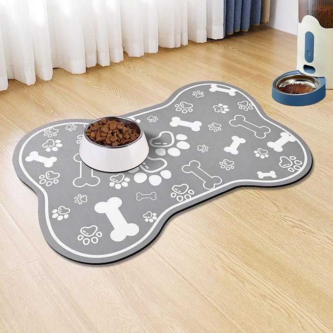 Dog Cat Food Mat,Rapid Absorbent Pet Feeding Mat, Bone Shaped Dog Placemat Water Bowl Mat with Rubber Backing,No Stains Dog Cat Food Mats Indoor, Pet Accessories Supplies 23"x36" Grey