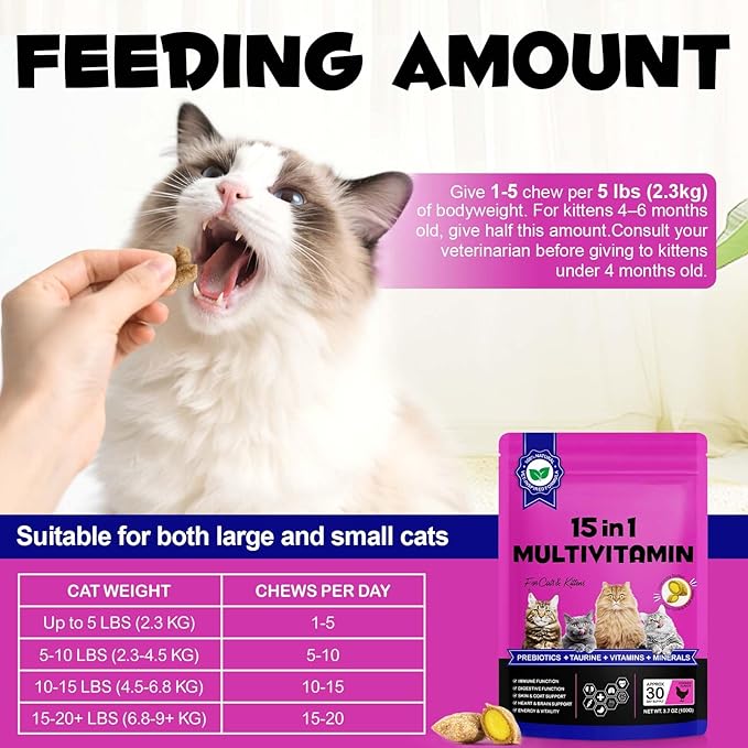 15-in-1 Multivitamin Cat Treats for Indoor Cats, Taurine, Omega Fatty Acids & Beta-Glucans Support Immune, Digestive, Skin & Coat Health – with Prebiotics & Essential Minerals | for Kittens&Adult Cats