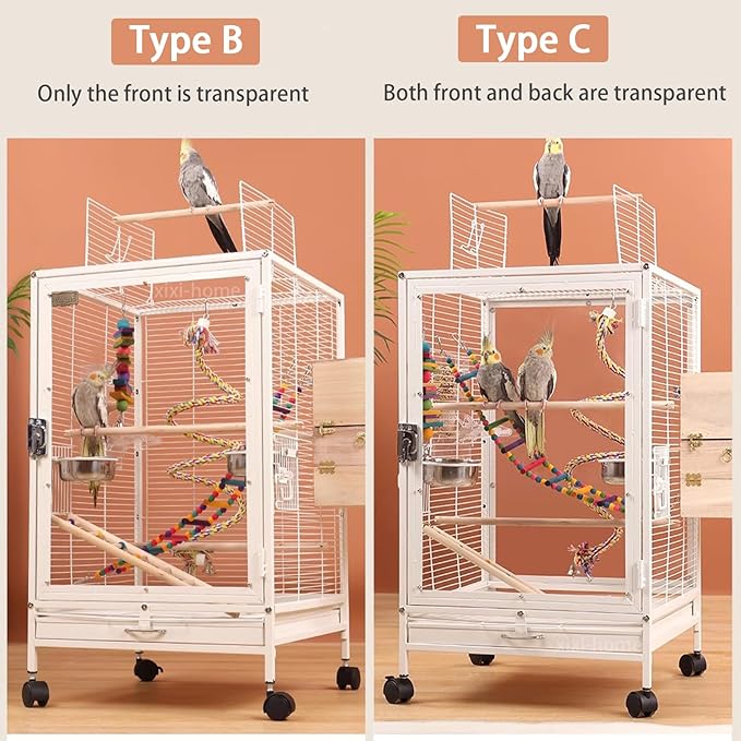 xixi-home Clear Parrot Cage,Metal Bird Cage Ornamental Cage -with Play Top and Wheel,Large Bird Cage Flying Birdcage for Outdoors (Type B - White)