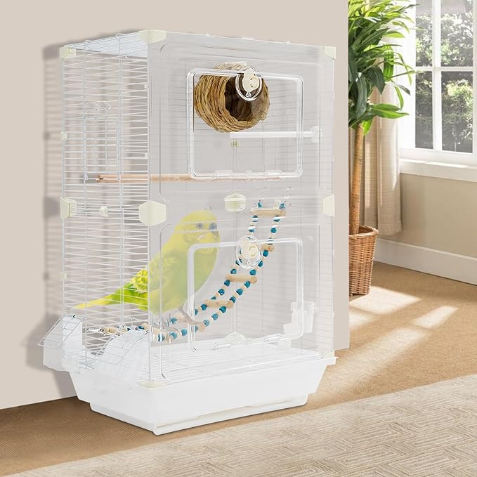 Two-Tier Bird Cage, 30 Inch Pigeons Parrot Birdcage with Safe Rotary Door Lock, White Parakeet Cage for Small to Medium Birds, Easy Access Double Doors. (E)
