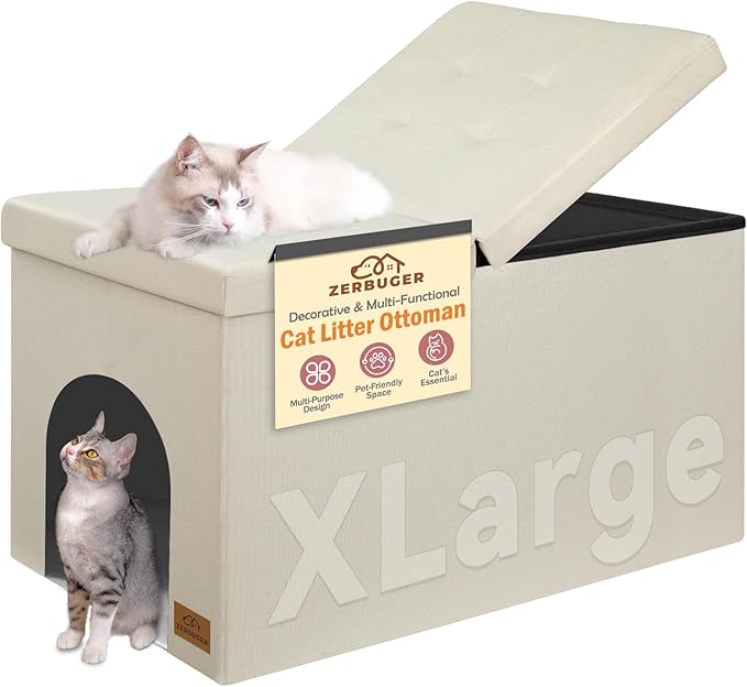 3-in-1 Cat Litter Box Enclosure for Odor Control, Hidden Litter Box Furniture Cabinet Ottoman with Flip-Up Lid, Multi-Functional Bench with Storage Footrest, Dog Proof (Cream, X-Large)