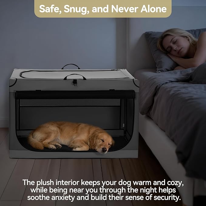 PETSFIT Portable Dog Crate for Large Dogs, – 40" Soft Dog Travel Crates with Lockable Zippers & Thicken Mat, Adjustable Patented Spiral Steel Frame, Collapsible Kennel for Indoor & Outdoor