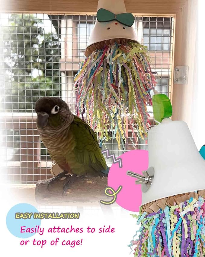 Bird Toys, Vibrant Shredding Parrot Toys | Bird Cage Accessories with Wooden Topper, Colorful Paper Strips