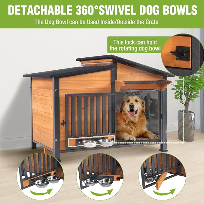GUTINNEEN Large Heated Dog House Outdoor Insulated Dog Kennel Weatherproof with Safe Heating Pad, Full 6-Sided Insulation, Chew-Proof Metal Frame, Rotatable Spill-Proof Bowl for Large Dog Breeds