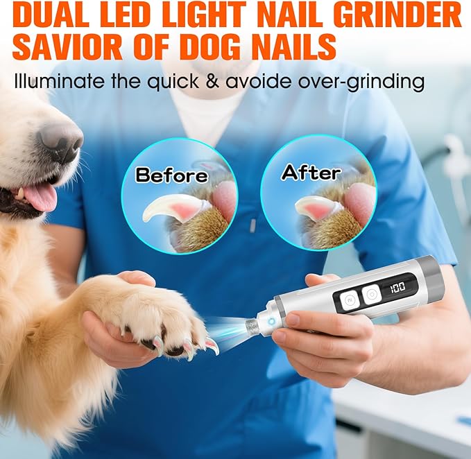 Dog Nail Trimmers Ultra Quiet Electric Pet Dog Nail Clippers Cat Nail Clipper with Led Lights Nail Grinder High Speed Nail File Electric Clippers for Grooming Small, Medium,Large Dogs and Cats (grey)