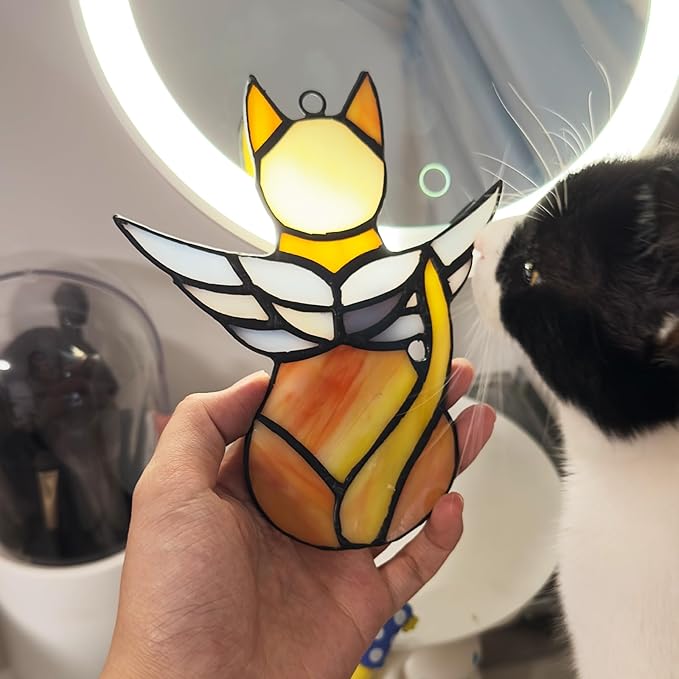 Handcrafted Stained Glass Orange Angel Cat Suncatcher - Pet Memorial Gift with Colorful Wings, Cat Lovers Sympathy Gift, Home Window Decor