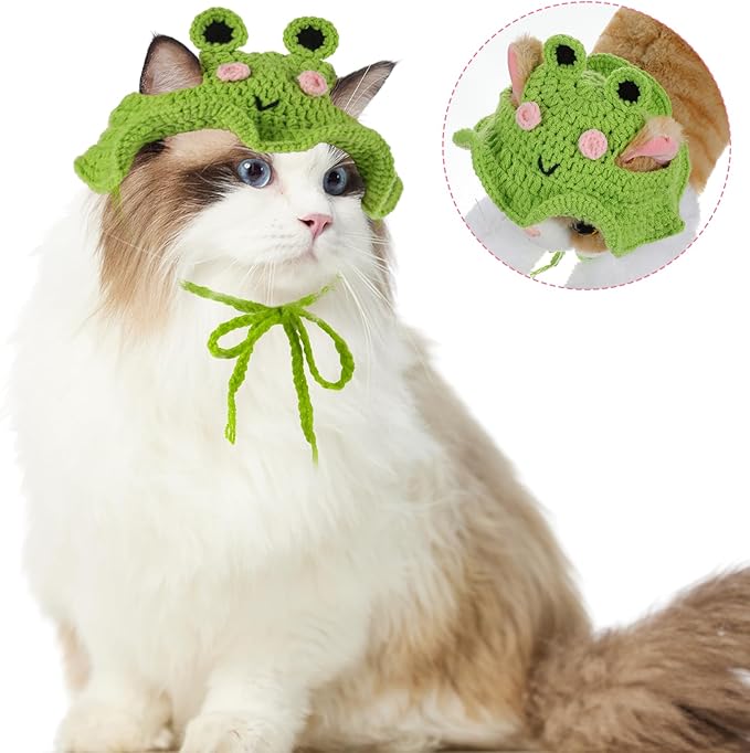 Frog Cat Hat, Cotton & Soft Cute Knitted Hats for Cats Frog Crochet Cat Hats for Cats Only Cute Puppy Hat for Small Pets on Christmas Birthday Party Halloween (Green, S)