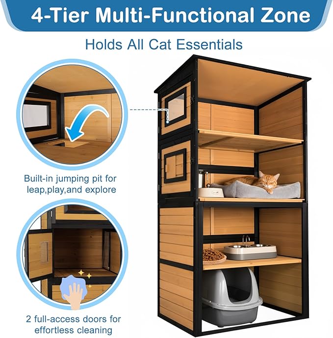 Large Cat Catio Outdoor 4 Tiers Cat Enclosure Window Access, Walk-in Cat Cage Cat House for Multiple Indoor Outdoor Cats, Outside Patio 5 Doors Weatherproof Asphalt Roof & PVC Canopy Roof