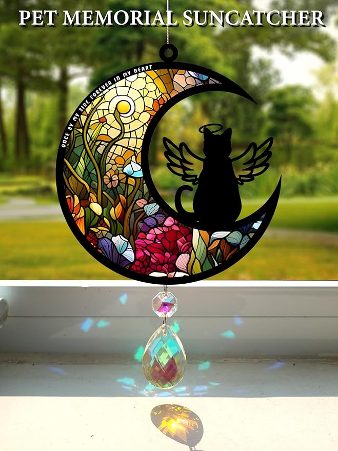 Cat Memorial Suncatcher for Windows Stained Glass,Pet Sympathy Gift to Memorialize The Loss,Unique Angel Cat Statue Suncatchers with Personalized Decorations