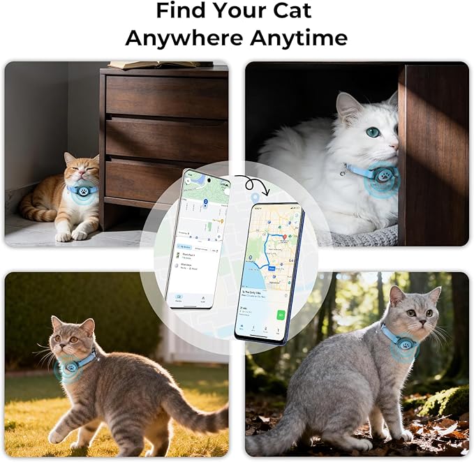 GPS Cat Tracker Collar(iOS & Android), Bluetooth Mini GPS Dog Tracker, Smart Pet Activity Tracker, No Monthly Fee, Work with Apple Find My & Google Find Hub, Finder Tag for Pets,Items 1 Pack Blue