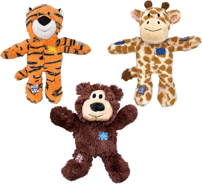 KONG Wild Knots Dog Toys 3 Pack – Bear, Giraffe & Tiger – Durable Plush Toys with Internal Knotted Rope & Squeaker – Soft Outside, Tough Inside – Ideal for Tugging & Chewing (Small/Medium)