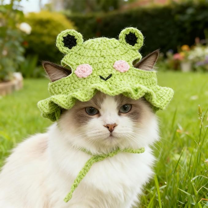 1 PCS Cat Hat Cute Frog Shape Pet Cap Frog & Flower Cats Hat Cotton & Soft Cute Knitted Cats Hats Cutes Knitted Cat Costume for Small Pets (Green, M)