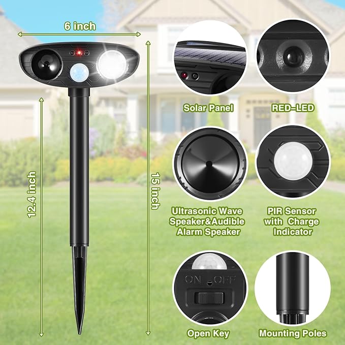 2026 Solar Ultrasonic Animal Repellent Outdoor,Deer Repellent Devices Squirrel Cat Raccoon Rabbit Dog Deterrent,Waterproof Motion Detection with Flash Light for Vegetable Garden,Backyard,Lawn 2Pack