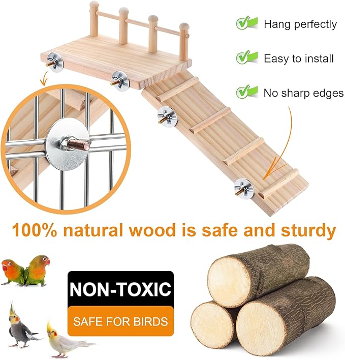 Wooden Bird Habitat Platform with Swing and Ladder - Sturdy Long Tailed Parrot cage Accessory, Suitable for Exercising and Entertaining Bird Games Gym - Perfect for Parrots, Canaries, Sparrows