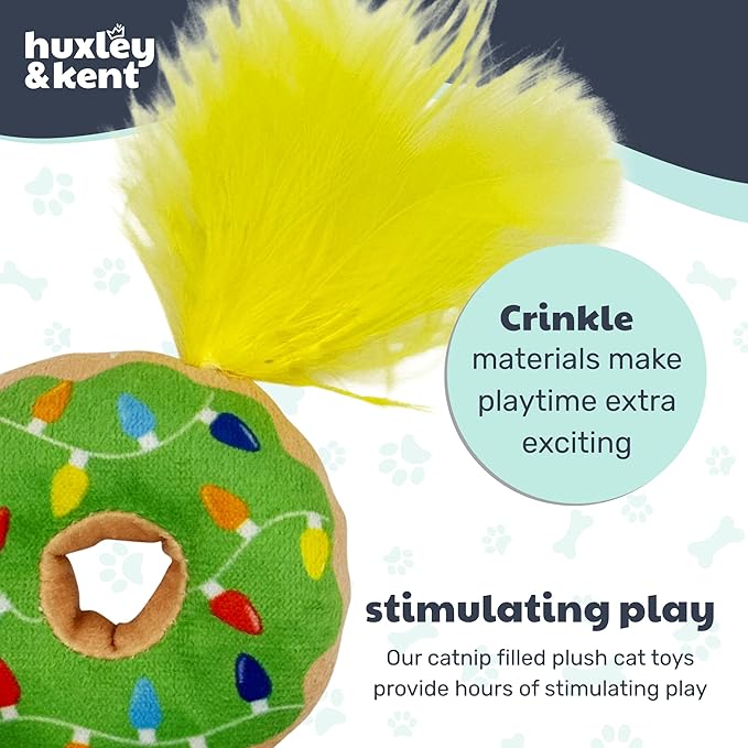 Huxley & Kent Plush Cat Toy - Holiday Interactive Catnip Toy for Cats & Kittens - Soft with Crinkle & Catnip - Fun Indoor Play - Lit Donut