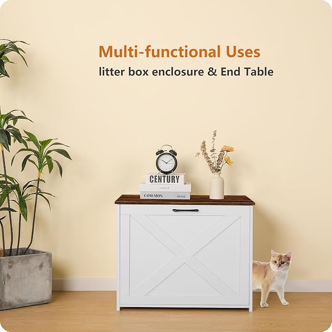 Dwanton Cat Litter Box Furniture Hidden, Cat Litter Box Enclosure, Reversible Entrance Can Be on Left or Right Side, Indoor Cabinet, Wooden Washroom, End Table, White and Rustic Brown, 27.6" L