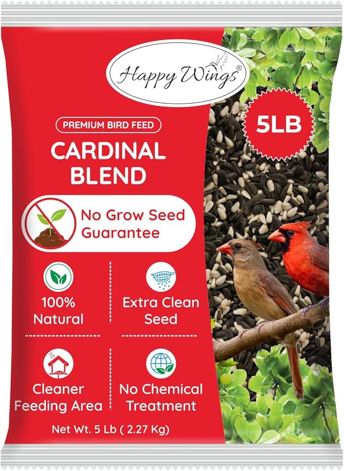 Happy Wings Cardinal Blend Bird Food, Mix of Sunflower and Safflower Seed, 5 Pounds | No Grow Seed | Bird Food for Wild Birds
