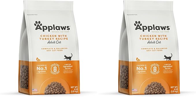 Applaws Complete Dry Cat Food, Grain-Free, Limited Ingredient with Added Vitamins & Minerals, Protein, Supports Digestion, Chicken & Turkey (4 Pound Bag) (Pack of 2)