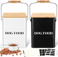 Tioncy 2 Pcs Metal Dog Food Storage Containers Total 10-14 Lbs (50 Cup) Capacity, Airtight Pet Food Canister with Bamboo Lids Scoop DIY Labels Dog Treat Storage Jars for Kitchen Counter(Black，white)