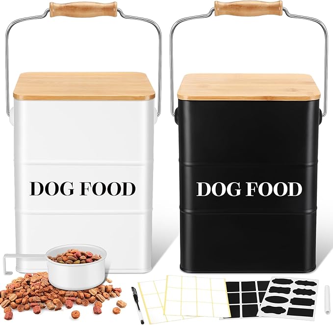 Tioncy 2 Pcs Metal Dog Food Storage Containers Total 10-14 Lbs (50 Cup) Capacity, Airtight Pet Food Canister with Bamboo Lids Scoop DIY Labels Dog Treat Storage Jars for Kitchen Counter(Black，white)