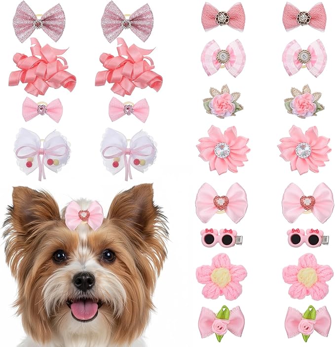 20Pcs Light Pink Small Dog Hair Bows, Cute Puppy Dog Bowknot Hair Bow Bulk with Rubber Bands, Mix Color Cute Grooming Flower Ball Bowknot Top Knot for Holiday Daily Yorkie Dogs Accessories