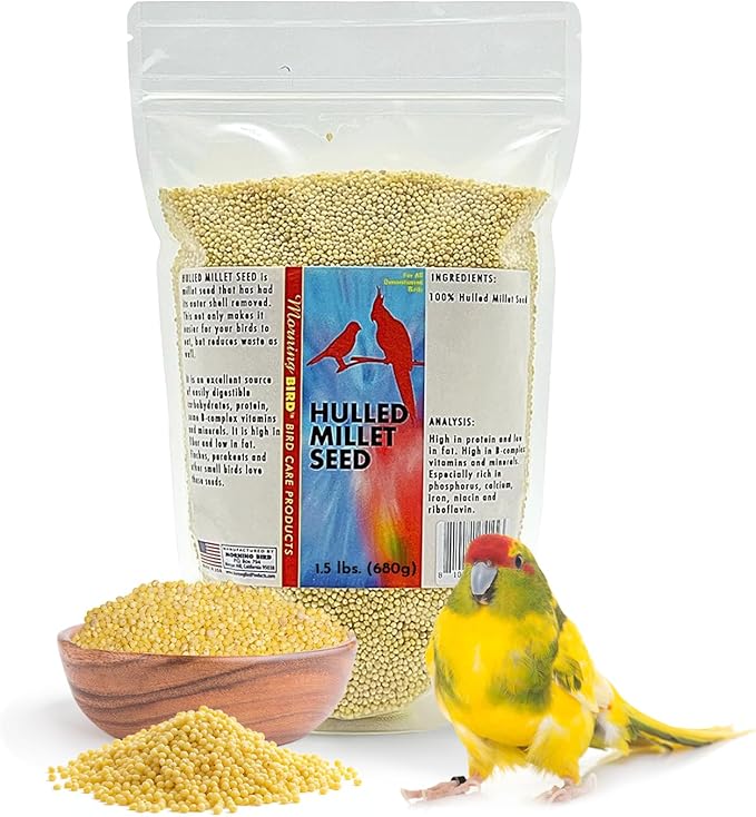 Morning Bird Hulled Millet 1.5 lbs – Nutritious Hulled Millet Seed - Waste Free - No Mess - Easily Digestible with High Fiber, Rich in Vitamins & Minerals for Birds, Ideal Bird Feed for All Bird Types