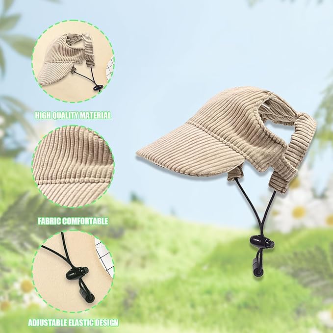Dog Baseball Cap, Dog Cat Summer Beach Visor Hat with Ear Holes, Adjustable Puppy Sunbonnet Headdress (Khaki, X-Small)