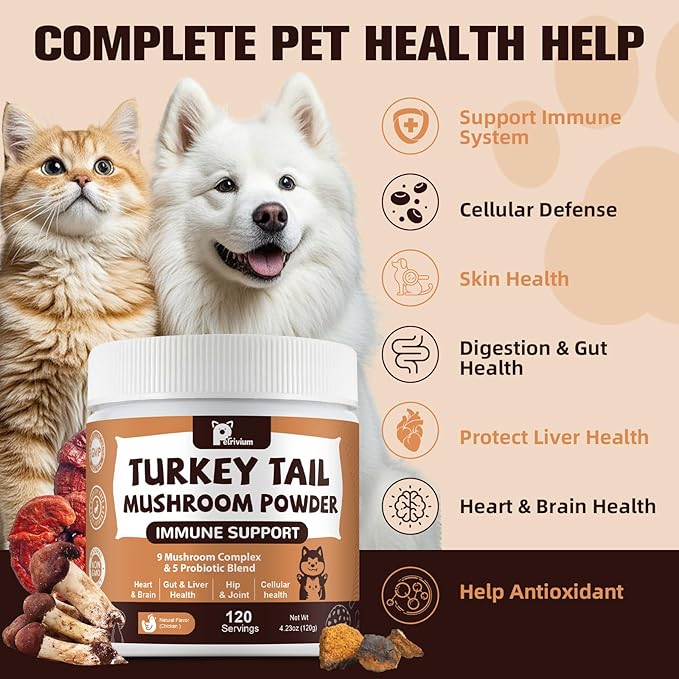 Mushroom Supplement with Probiotics for Dogs & Cats, Turkey Tail Mushroom for Pets - Mushroom Powder for Immune Boost & Overall Health- Partner Guard for Dogs Lumps and Bumps
