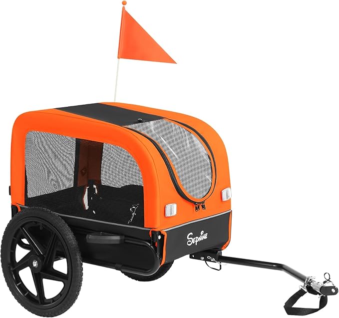 Sepnine Dog Bike Trailer, Dog Cart for Bicycle, Suitable for Small and Medium Pets, Easy Folding Cart Frame, Quick Release Wheel, Non-Slip Floor, Internal Leash, 66LBS Orange
