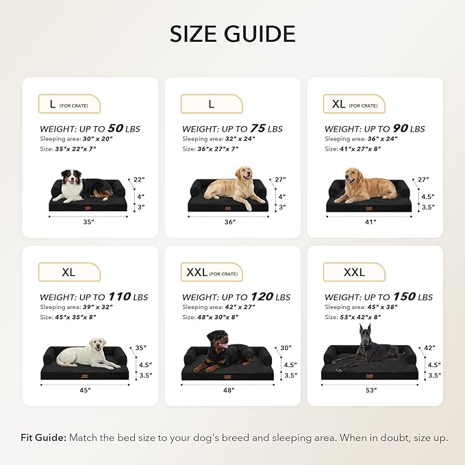 Orthopedic Dog Beds for Extra Large Dogs, Waterproof Egg Crate Foam XL Dog Bed with Sides 48x30Inch, Big Dogs Couch Beds with Removable Washable Cover and Nonskid Bottom, Black