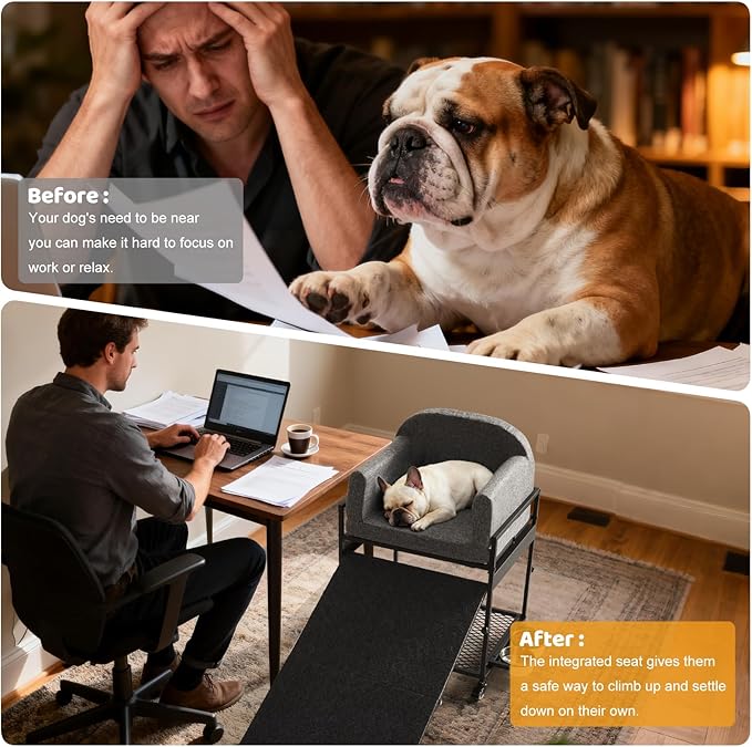 Dog Stairs Ramp, Seatmate Chairs for Dogs, Adjustable Two-Folded Extra Wide Seat Mate Chair Ramps, Non-Slip Dog Window Perch with Stairs for High Bed Window Office, Grey Ladder Perch, Load Capacity
