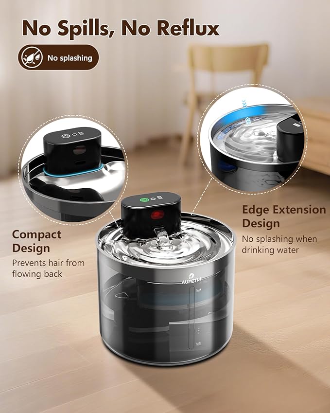 Cat Water Fountain Wireless Pet Fountain with Stainless Steel Tray, 45+ Day Battery, Motion Sensor & Timer, Cat/Dog Water Bowl Dispenser, Ultra Quiet 6-Stage Filtration (Round)