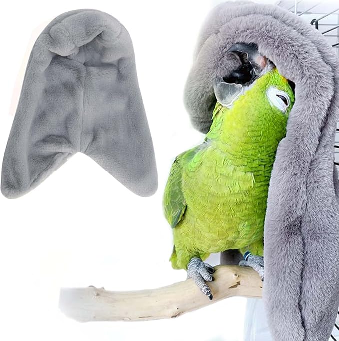 SIMENA Bird Blanket for Cage, Corner Fleece Bed for Birds, Cozy Bird Warmer, Parrot House for Cage, Cuddle Nest Hanging Toy for Lovebirds Parakeet (Grey, Small)