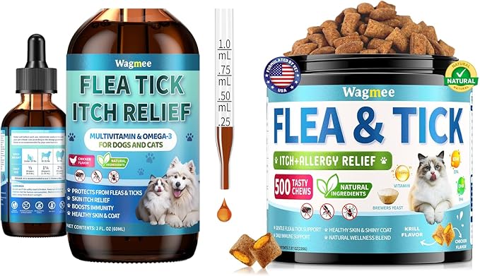 Natural Cat Flea Treatment Chewables & Flea and Tick Prevention for Dog and Cat, Supports Healthy Skin & Coat - Oral Supplement for All Breeds & Ages - Chicken