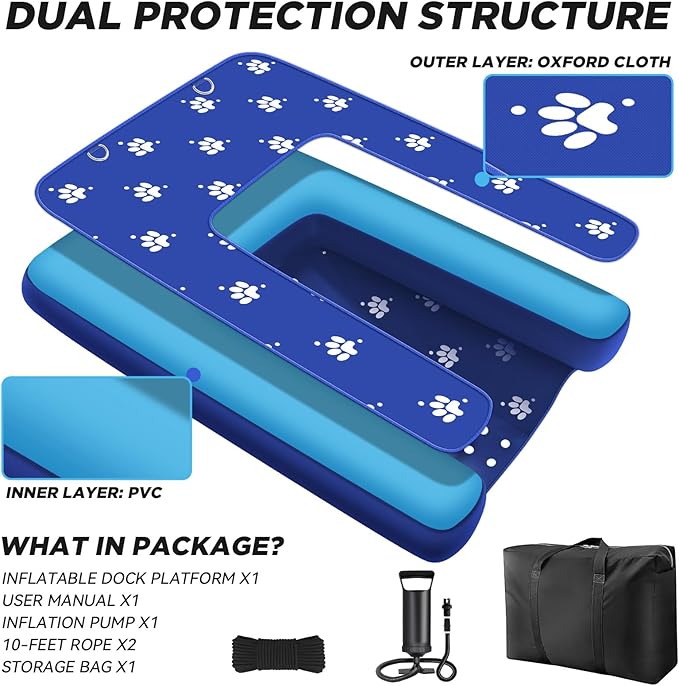Inflatable Dock Platform, Dog Boat Ramp Floating Non-Slip Oxford and PVC Water Ramp for Dogs Pool, Dock, Lake with Traction Rope, Manual Air Inflation Pump Blue D(4.7ft x 3ft x 6in) Blue