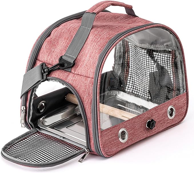 Portable Bird Cage Bird Carriers Foldable Panoramic View with Perch Removable Tray for Parrot Hamster Hedgehog Rabbit Sugar Glider (Light Red)