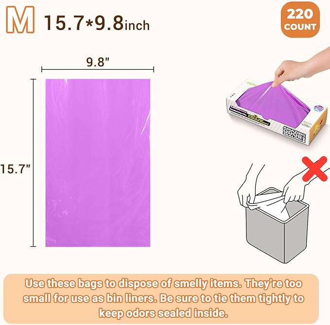 Odor-Sealing Cat Litter Bags - 220 Count Unscented Cat Poop Bags with Strong Odor Control, Leakproof & Durable Pet Waste Bags (Size:M, Color: Purple)