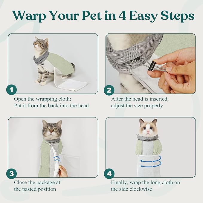 Supet Cat Grooming Wrap for Cutting Nails, Self-Adhesive Anti-Scratch Swaddle with Bite-Proof Mesh Hood & Thick Waist Strap Anti-Escape Bag for Nail Trimming, Medication, Ear Cleaning (Green S)