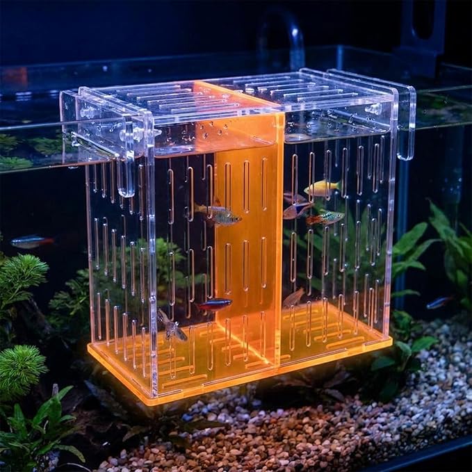 Large Acrylic Breeder Box for Aquarium & Fish Tank, Isolation Breeding Box with Extendable Handle Net - Acclimation Hatchery for Baby Fish, Shrimp, Betta, Guppy (9.45x5.71x8.27 in, Orange)