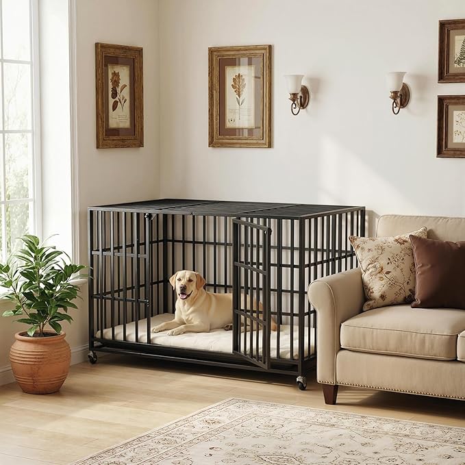 LEMBERI 48 Inch Heavy Duty Dog Crate, Indestructible Dog Kennel Indoor, Escape Proof Pet Cage for Large Dogs, High Anxiety Dog Crate with Double Door, Lockable Wheels & Removable Tray